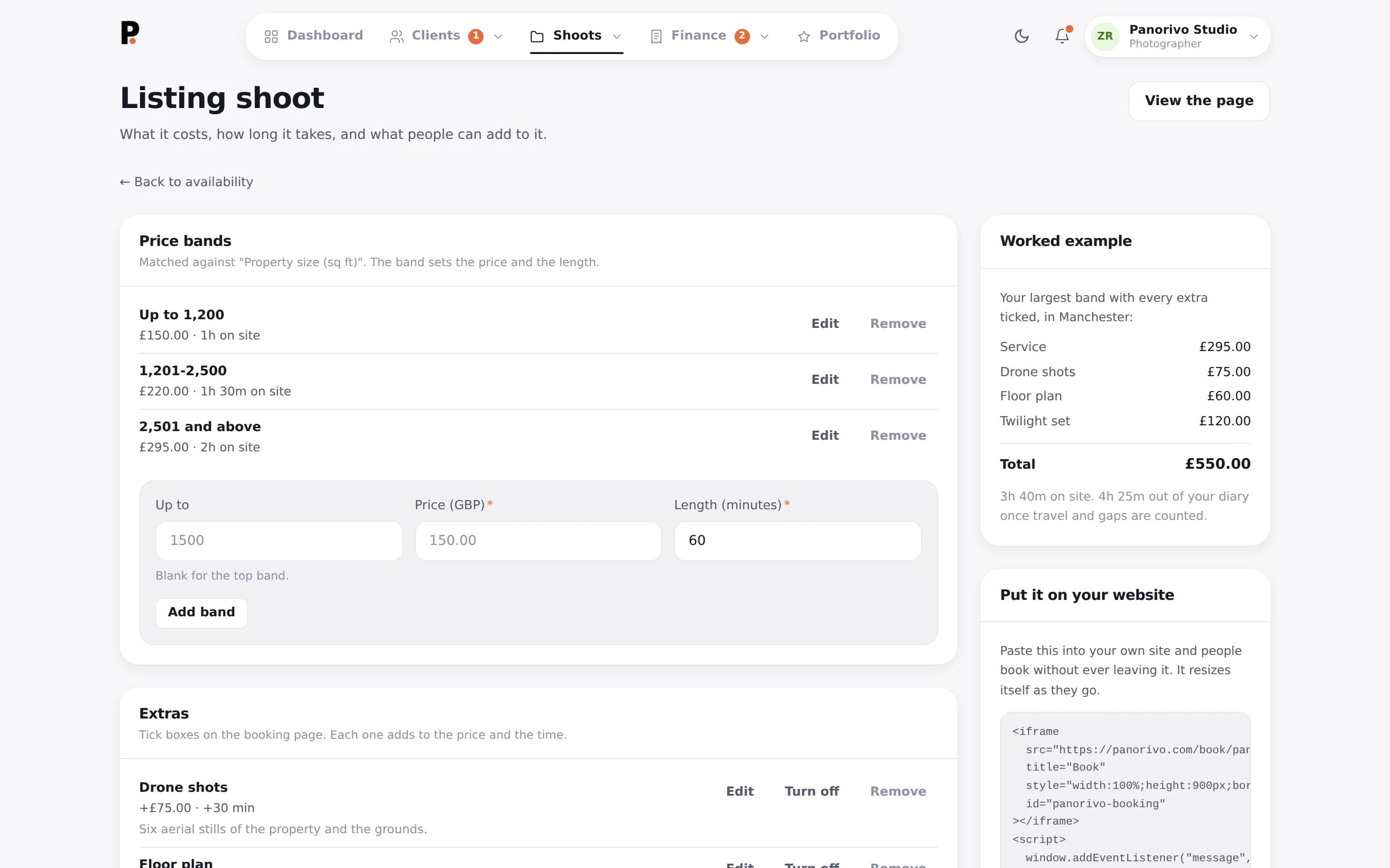 Setting up the booking page: price bands by property size, optional extras, and a worked example of the total