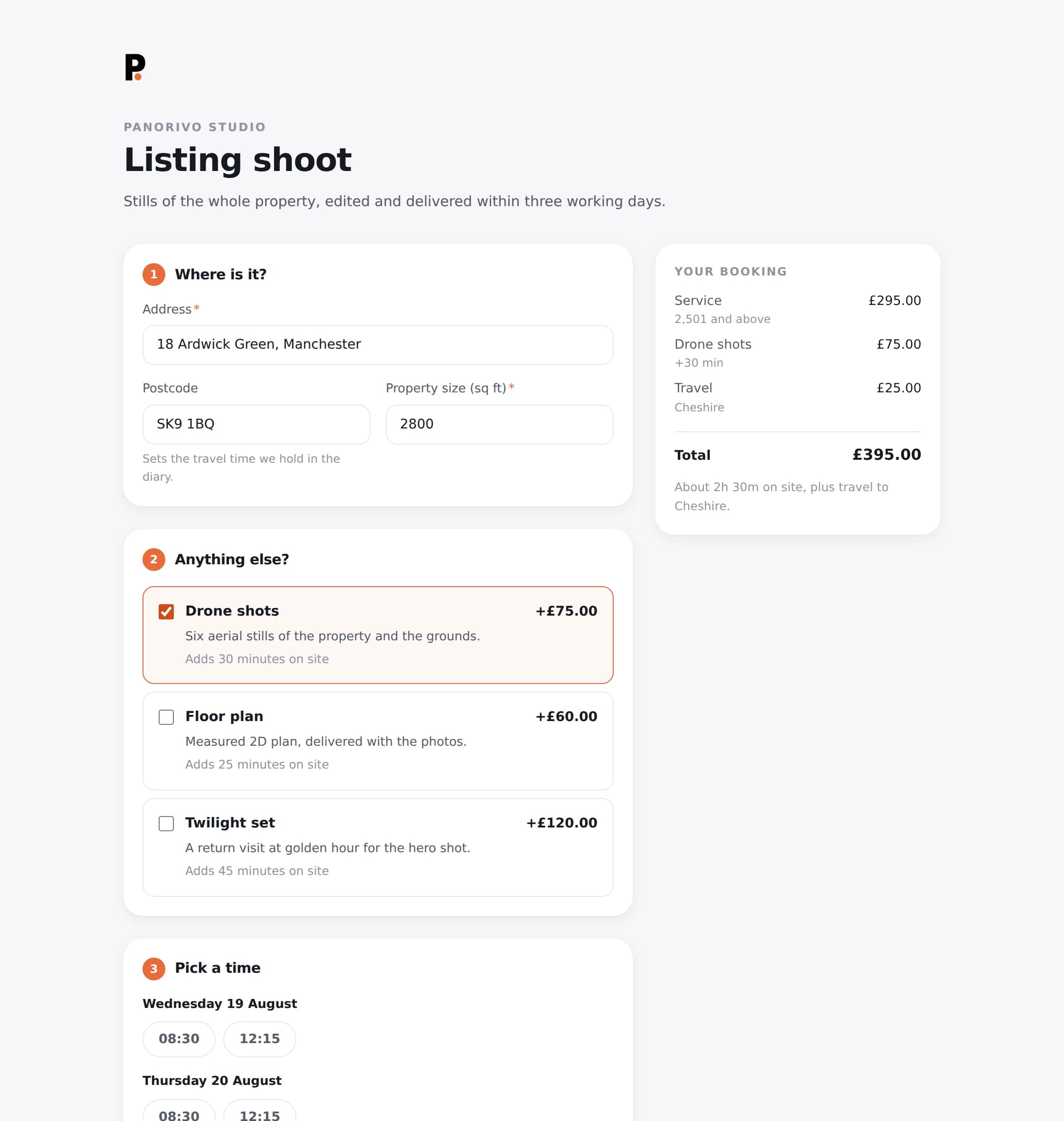 The public booking page: property details, optional extras, a running total and the times that fit the job